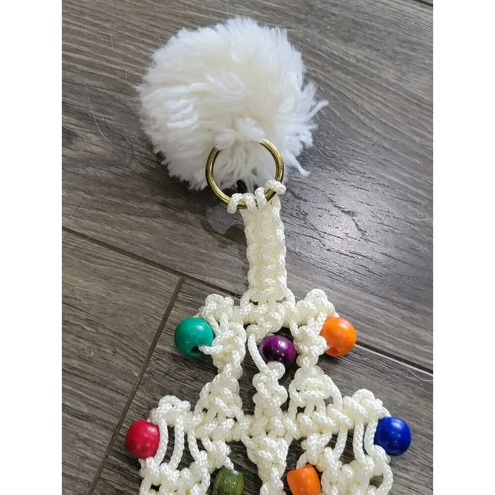 Handmade Macrame Santa‎ & Christmas Tree Wall Hangings Wood Beads Lot of TWO